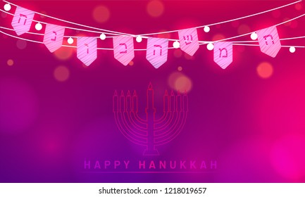 Festival celebration concept, traditional menorah (Candelabrum) and party flags decorated glossy blurred background for Happy Hanukkah Festival.