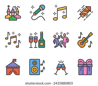 Festival celebration concert party disco dance flat black thin line stroke isolated icon set collection