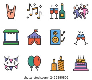 Festival celebration concert party disco dance flat black thin line stroke isolated icon set collection