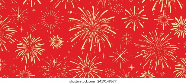 Festival chinese backdrop vector. Happy chinese new year wallpaper design with golden fireworks on red background. Modern luxury oriental illustration for cover, banner, website, decor, advert.