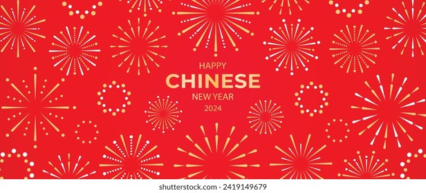 Festival chinese backdrop vector. Happy chinese new year wallpaper design with golden fireworks on red background. Modern luxury oriental illustration for cover, banner, website, decor, advert.