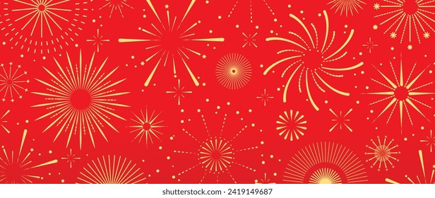 Festival chinese backdrop vector. Happy chinese new year wallpaper design with golden fireworks on red background. Modern luxury oriental illustration for cover, banner, website, decor, advert.