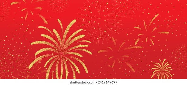 Festival chinesische Hintergrund Vektorgrafik. Schönes chinesisches Tapete-Design im neuen Jahr mit goldenem Feuerwerk auf rotem Hintergrund. Moderne luxuriöse orientalische Illustration für Decken, Banner, Website, Dekoration, Werbung.