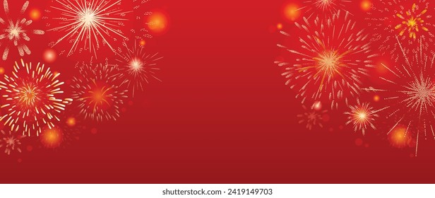 Festival chinese backdrop vector. Happy chinese new year wallpaper design with golden fireworks on red background. Modern luxury oriental illustration for cover, banner, website, decor, advert.