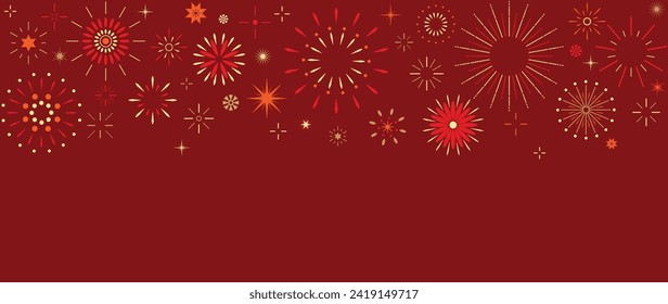 Festival chinese backdrop vector. Happy chinese new year wallpaper design with golden fireworks on red background. Modern luxury oriental illustration for cover, banner, website, decor, advert.