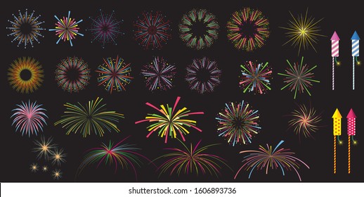 festival colorful fireworks and fireworks rockets for greeting card and party poster.Celebration and cheerful holiday.
