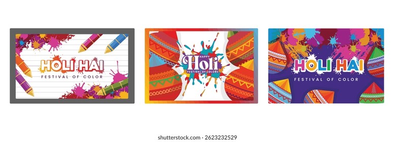 The Festival of Colors is full of joy and festivity. A vibrant celebration of the festival of colors. A splash of colors in Holi festival.  Holi Hai concept. Set flat vector illustration