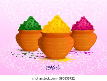 Festival of Colors. Happy Holi! Banners with traditional mud pots with full of colours, watercolor splashes. Rainbow. Creative flyer, greeting cards. Holiday of spring. Indian Fest Party celebration