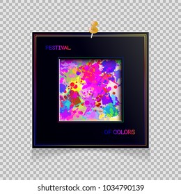 Festival of Colors Happy Holi! Colorful logo with squar. Bright 3D banners with watercolor splashes. Rainbow. Creative flyer, pamphlet, greeting cards. Holiday of spring. Indian Fest Party celebration