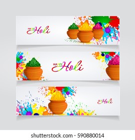 Festival of Colors. Happy Holi! Colorful logo. Bright banners with watercolor splashes. Rainbow. Creative flyer, pamphlet, invitations, greeting cards. Holiday of spring. Indian Fest Party celebration