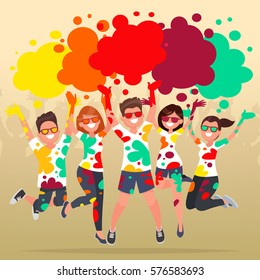 Festival of colors. Holi Celebration. Cheerful group of people throws multicolored powder. Vector illustration in a flat style