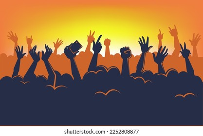 Festival or concert, performance on stage. Silhouette of people holding hands up and making photos or videos with smartphones. Entertainment and recreation on holidays. Vector in flat styles