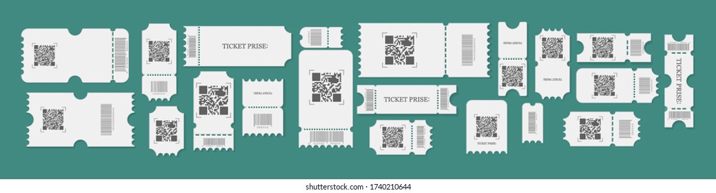 Festival Concert Tickets, White Paper Coupon Card Layout And Cinema Admit One Sheet. Set Of Blank Tickets, Coupons And Vouchers With Ruffle Edges. Vector Illustration, Eps 10.