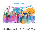 Festival crowd vector illustration. Mass group of fans and spectators dance, clap and view concert or entertainment. Girls with flower crown on men shoulder. Outdoor celebration of life and happiness.