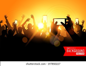 Festival Crowd Vector, People At A Concert With Smartphones. Vector Illustration