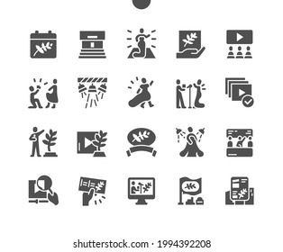 Festival de Cannes. Cinema hall. Celebrity and paparazzi. Film selection. Online streaming. Vector Solid Icons. Simple Pictogram