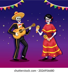 festival of death with couple playing music instrument guitar and maracas. mexico traditional festival illustration vector