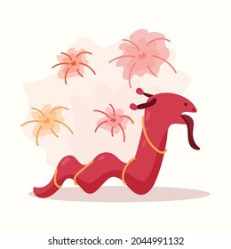 Festival with dragon and fireworks. Vector illustration in flat style