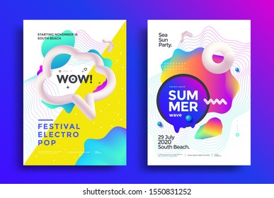 Festival electro pop poster layout. Music fest flyer design with gradient shape and decoration elements. Summer wave modern Cover design template.