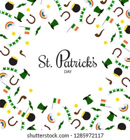 Festival elements decorated white background for St. Patrick's Day celebration concept. Can be used as greeting card design.