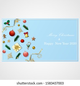 Festival elements for decoration with christmas background and happy new year 2020 card.Greeting and celebration card.Border design for new year and christmas festival.