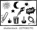 Festival elements. firecrackers, popcorn, party balloon. separate vectors in woodcut and cordel literature style.