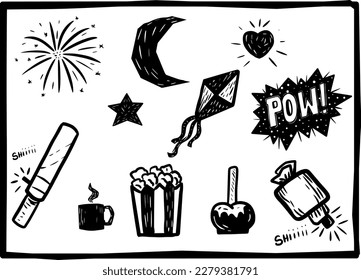 Festival elements. firecrackers, popcorn, party balloon. separate vectors in woodcut and cordel literature style.