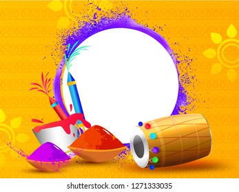 Festival elements illustration on orange background with space for your text. Happy holi poster or banner design.