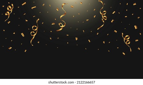 Festival elements vector. Anniversary and birthday celebration element. Golden confetti and ribbon falling vector. Golden color party confetti and Ribbon falling isolated on Dark background.