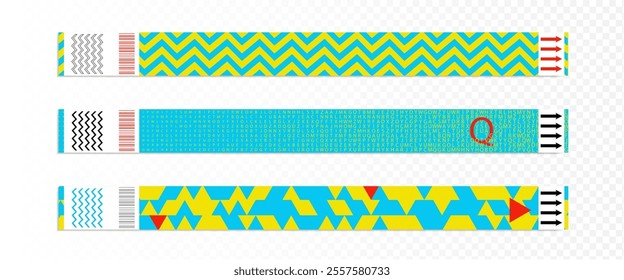 Festival event bracelet. Concert ticket mockup. Entrance sticker vector design for wristband. Access to disco or hotel with wrist tag isolated set. Admission ribbon in sport club or game area.