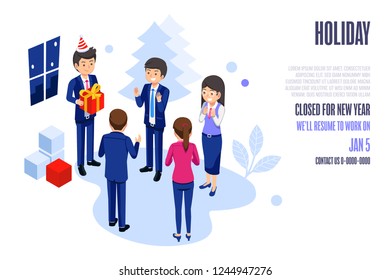 Festival events in the office. Basic welfare of worker. Company holiday web and poster design. Man boss can takes care of her Employees.