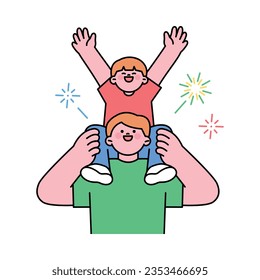 Festival. A father holds his child on his shoulders and enjoys a fireworks display.