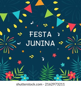 The festival "Festa Junina". Folklore festival. Blue background with flags, fireworks, lanterns and flowers. Design of the festival in Brazil in June for a greeting card, banner, invitation, poster.