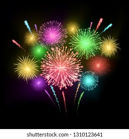 Festival firework. Colorful carnival fireworks holiday background. Abstract holiday and party background. Vector illustration isolated on dark background