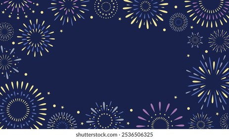 Anuncio de fuegos artificiales del festival, fondo de color azul oscuro. Estilo plano. Concepto de diseño para el Anuncio de vacaciones, cartel, volante, tarjeta de felicitación. Sencillos Elementos decorativos. Afiche de Feliz Año Nuevo. Tarjeta Diwali