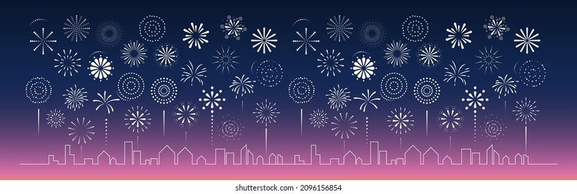 Los fuegos artificiales del festival. Celebra la raya blanca del petardo, simple en el cielo sobre la ciudad con fondo azul. Dibujar elementos horizontales para Feliz Año Nuevo, festivo. Ilustración vectorial.