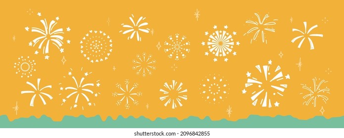 Los fuegos artificiales del festival. Celebra que el blanco petardo dibujó la mano, con fondo amarillo. Dibujo de dibujos animados horizontales de Doodle para Feliz Año Nuevo, ilustración de festive.Vector.