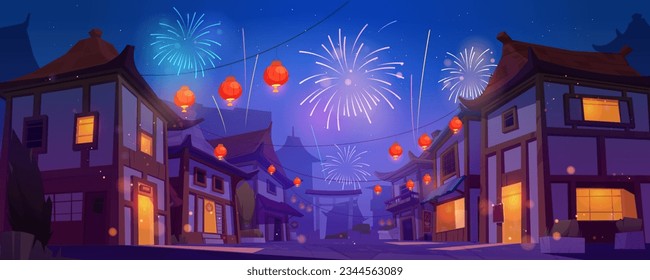 Festival with fireworks in Chinese city at night. New year celebration, party in China or Japan. Asian town street with buildings, red lanterns and fireworks in sky, vector cartoon illustration