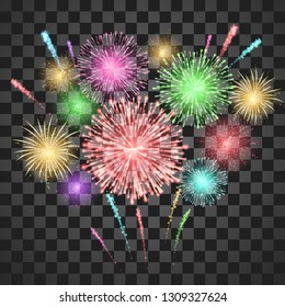 Festival fireworks. Colorful carnival fireworks holiday background. Vector illustration isolated on transparent background