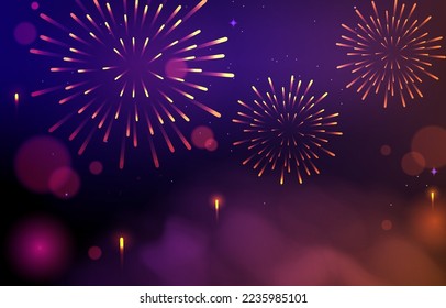 Festival Fireworks Frame. Bright Crackers Lights in Starry Night Sky. Firework Banner Vector Illustration. Brightly Colorful Fireworks on Twilight Background