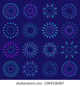 Festival fireworks set, Isolated on blue background. Flat style. Design concept for holiday banner, poster, greeting card, decorative elements 