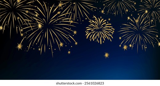 Festival fireworks at sky background. New Year and Christmas greeting and invitation postcard design. Space for text, presentation. Poster, cover or banner. Cartoon flat vector illustration