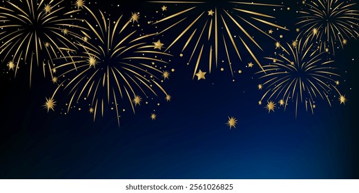 Festival fireworks at sky background. New Year and Christmas greeting and invitation postcard design. Space for text, presentation. Poster, cover or banner. Cartoon flat vector illustration