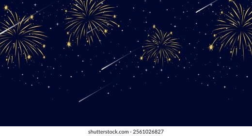 Festival fireworks at sky background. New Year and Christmas greeting and invitation postcard design. Space for text, presentation. Poster, cover or banner. Cartoon flat vector illustration