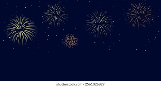 Festival fireworks at sky background. New Year and Christmas greeting and invitation postcard design. Space for text, presentation. Poster, cover or banner. Cartoon flat vector illustration