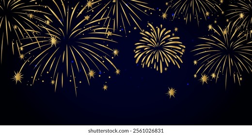 Festival fireworks at sky background. New Year and Christmas greeting and invitation postcard design. Space for text, presentation. Poster, cover or banner. Cartoon flat vector illustration