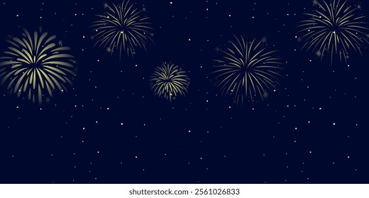 Festival fireworks at sky background. New Year and Christmas greeting and invitation postcard design. Space for text, presentation. Poster, cover or banner. Cartoon flat vector illustration