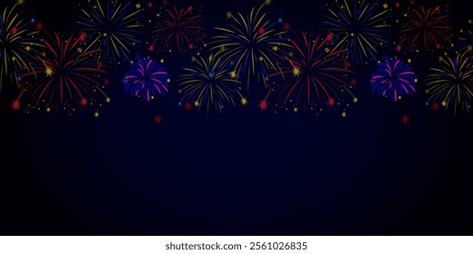 Festival fireworks at sky background. New Year and Christmas greeting and invitation postcard design. Space for text, presentation. Poster, cover or banner. Cartoon flat vector illustration