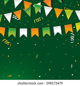 Festival flags in colors of the flag of Ireland and place for text on a green background