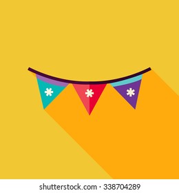 Festival Flags Icon. Flat Design Vector Illustration with Long Shadow. Merry Christmas and Happy New Year Symbol.